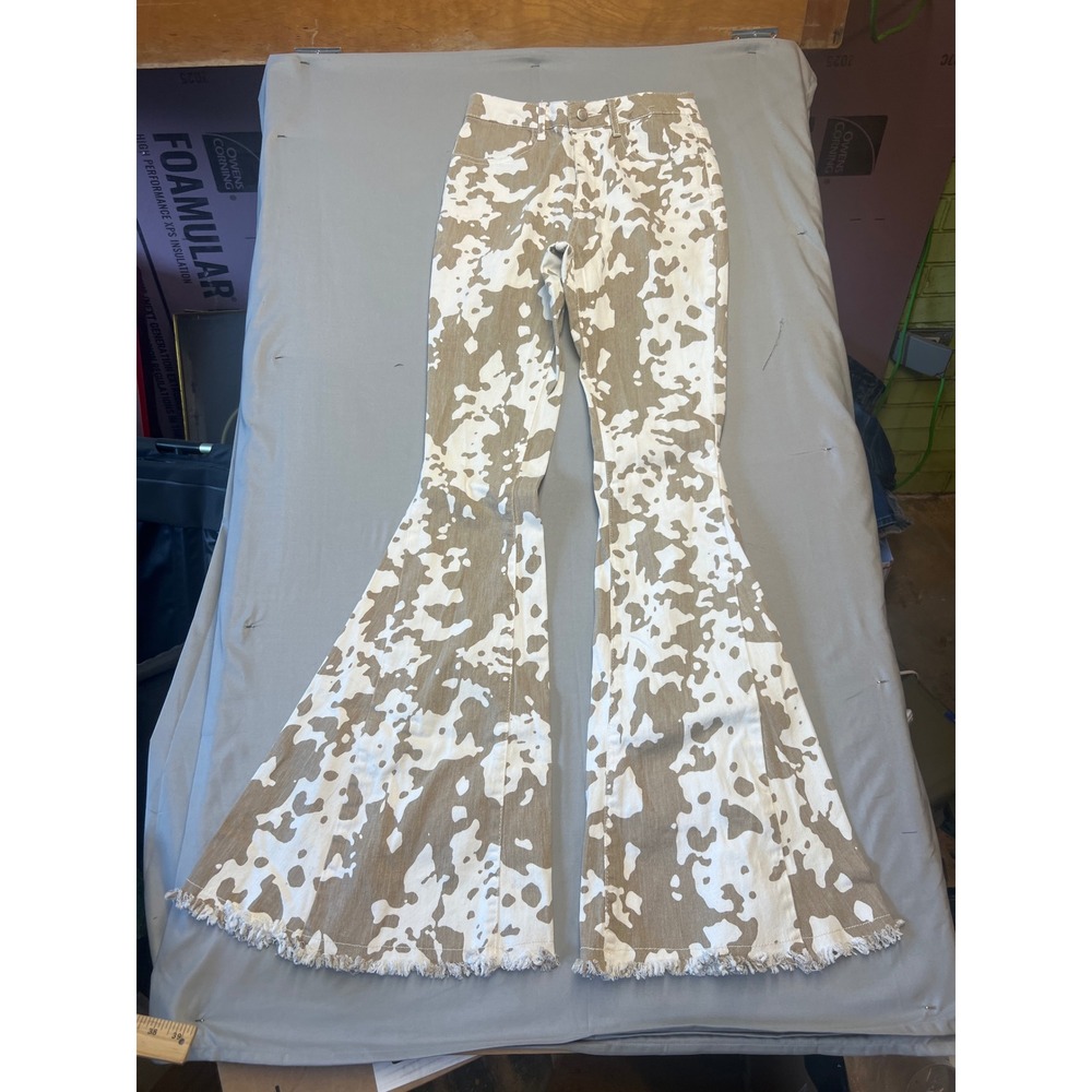 Saints & Hearts Cow Print Bell Bottom Jeans Tan White Flare Raw Hem XS SIP6184AL